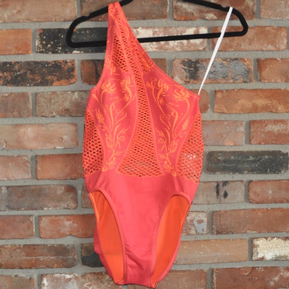 90s High Cut, One Shoulder, One Piece, Swim Suit, Swimwear, Orange & Red 12